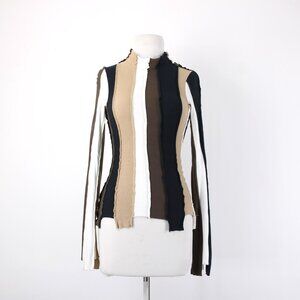 Interior Top Sz S Brown White Tan Color Block Collared 100% Cotton Top